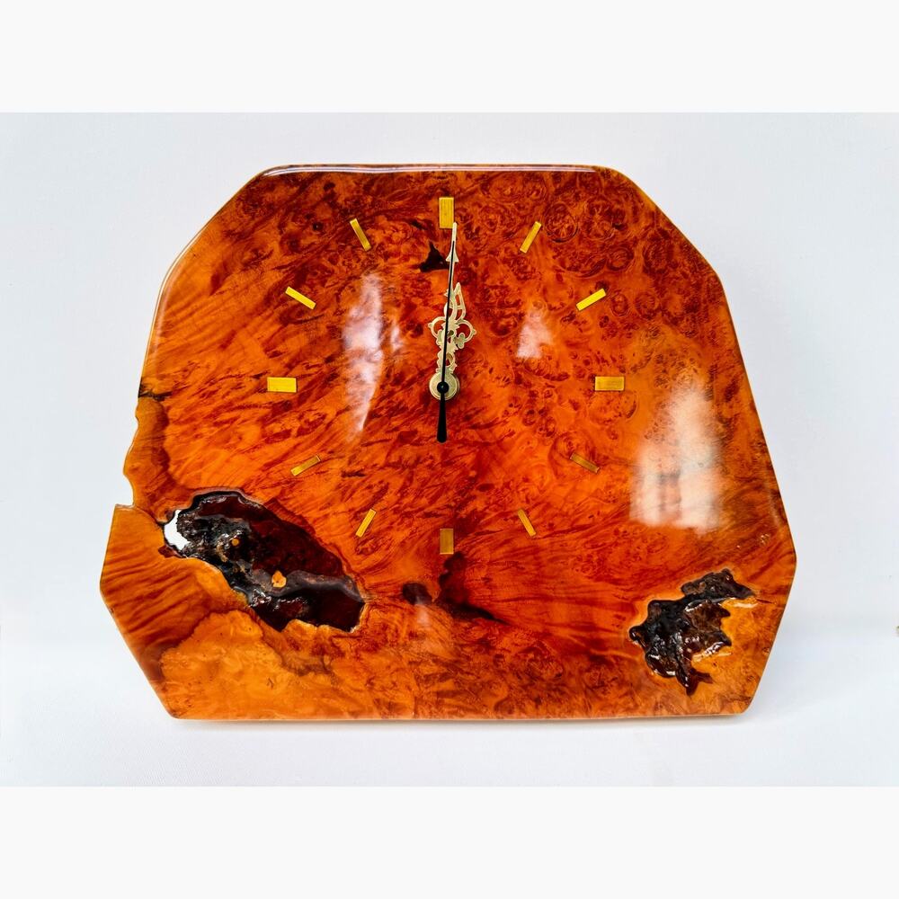 Vintage Live Edge Burl Wood Wall Clock with Brass Markers